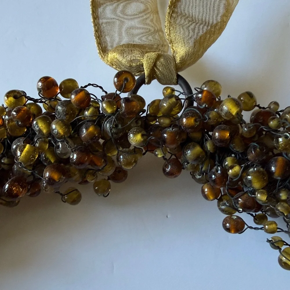 Pottery Barn BEADED WREATH Country Holiday Christmas Gold Ribbon Hanger VTG